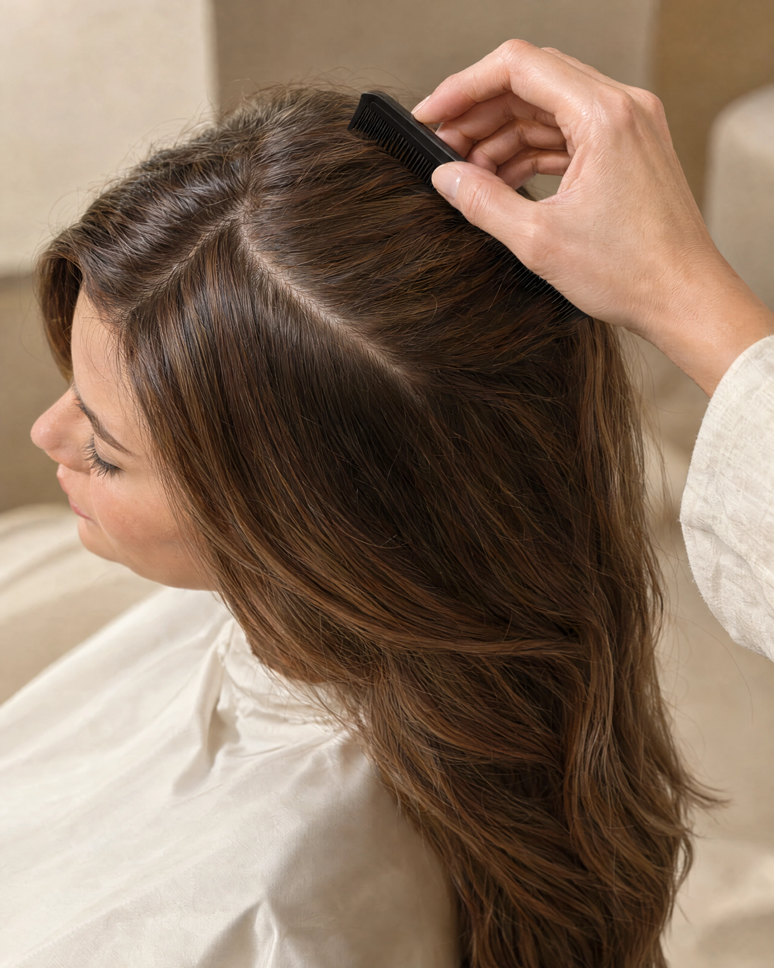 Illustrative close-up of parted hair and a sectioning comb during a scalp observation