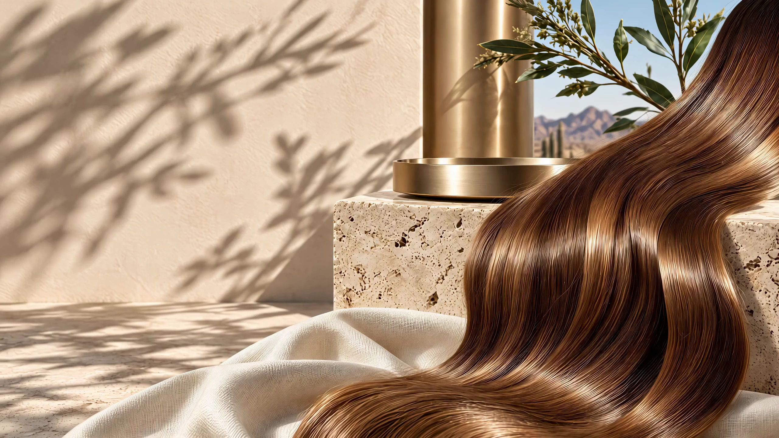 Illustrative flowing hair over travertine in warm desert light