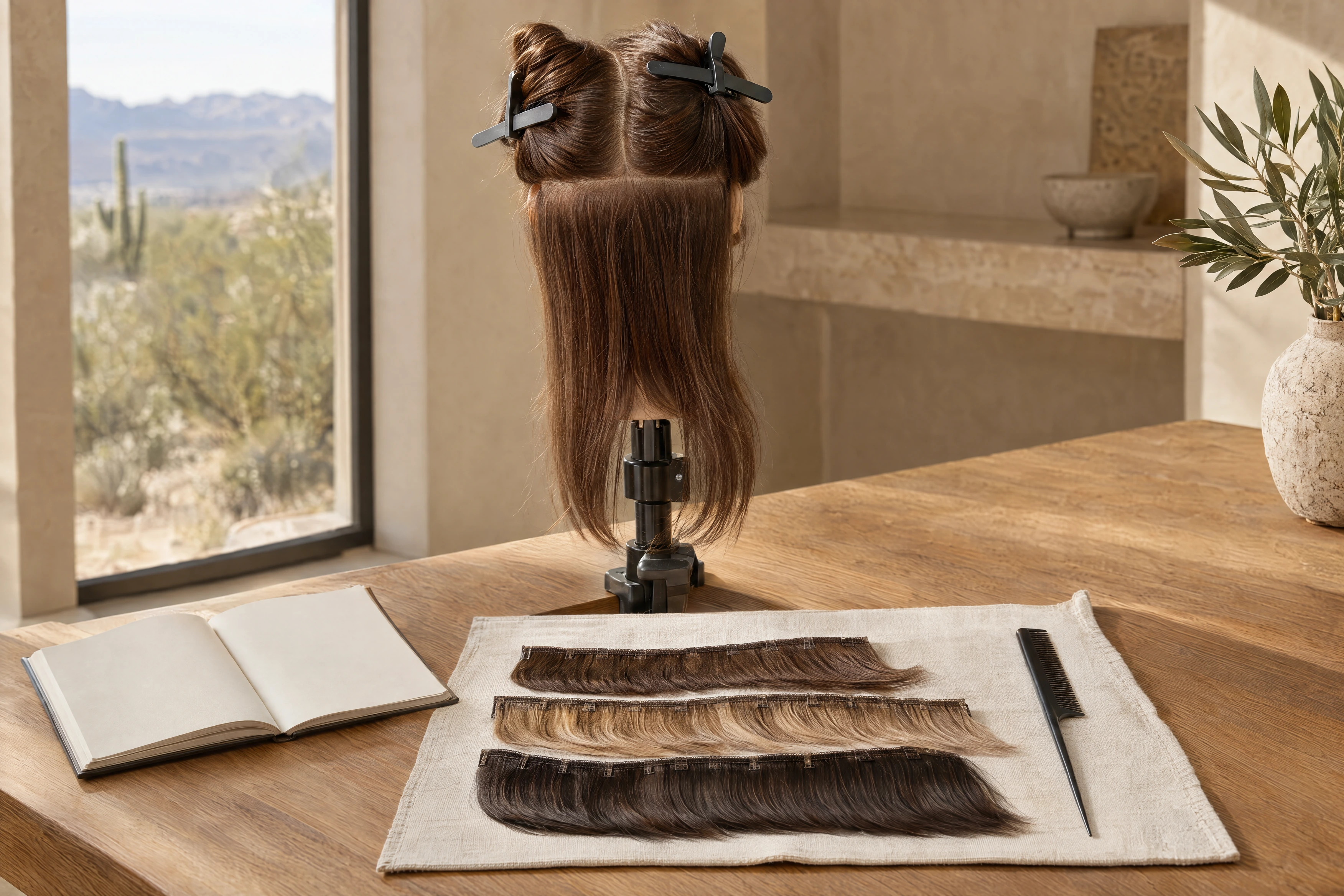 Illustrative practice mannequin with sectioned chestnut hair, clips, three extension wefts, a tail comb and a blank notebook on a training desk