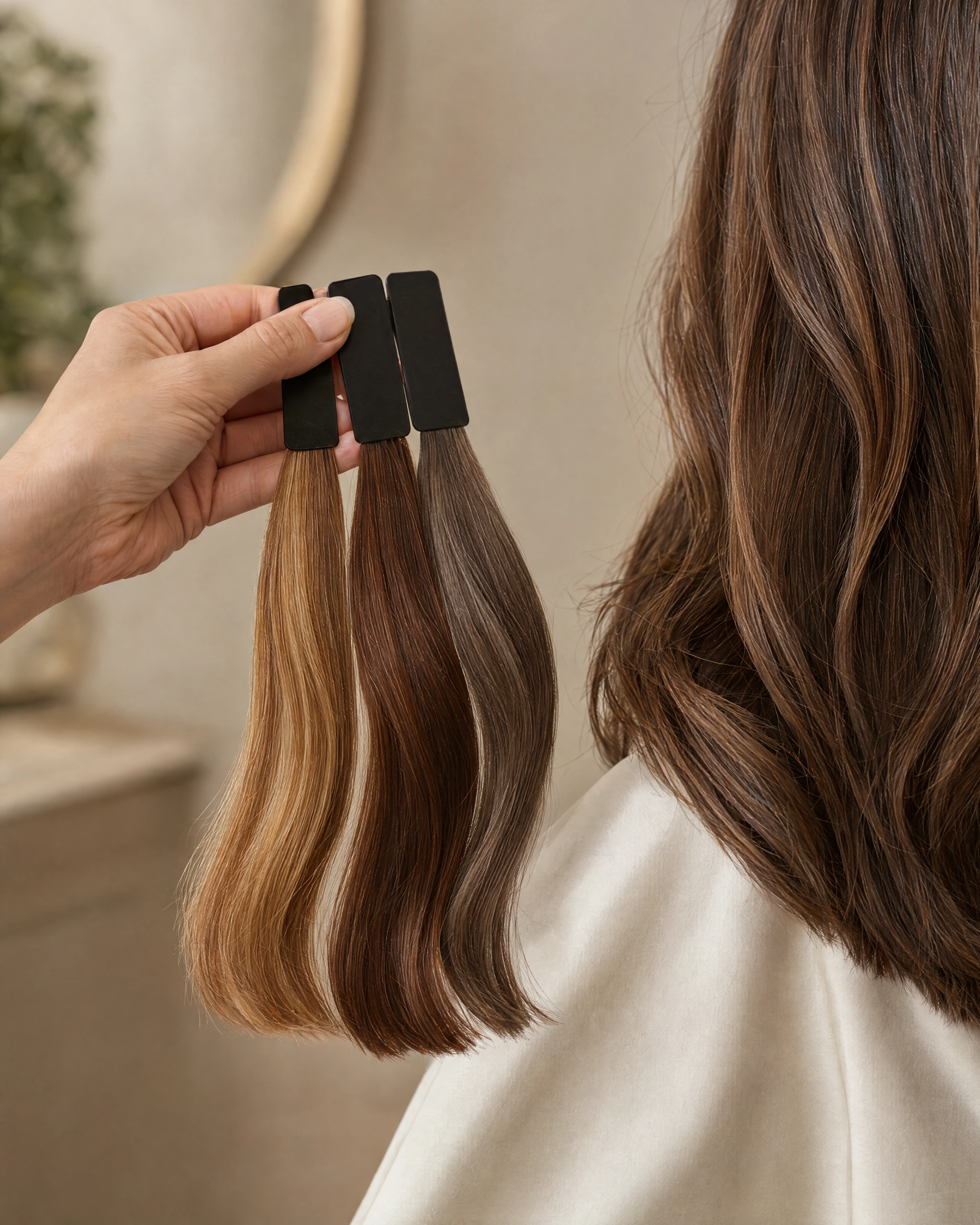 Illustrative comparison of three hair color swatches against a person’s hair
